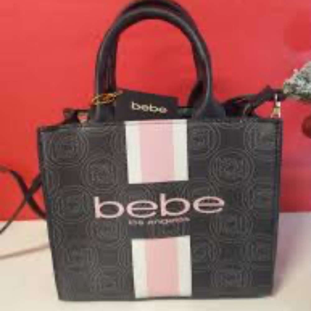 Bebe Ember Mini Black Tote with Pink Stripes